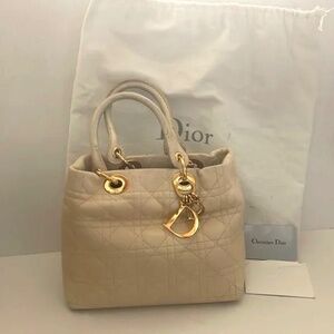 Christian Dior Lady Dior Canage Hand Bag Lamb Leather  Vanilla Auth with Guarant